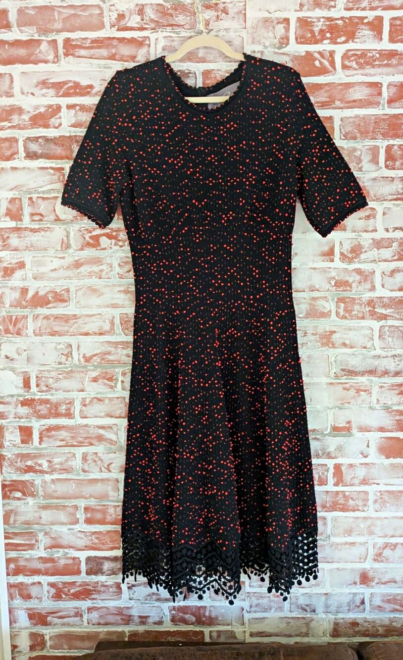 Lela Rose Women's Black/Red Speckled Polka Dot Fit & Flare Knit Midi Lace Hem L